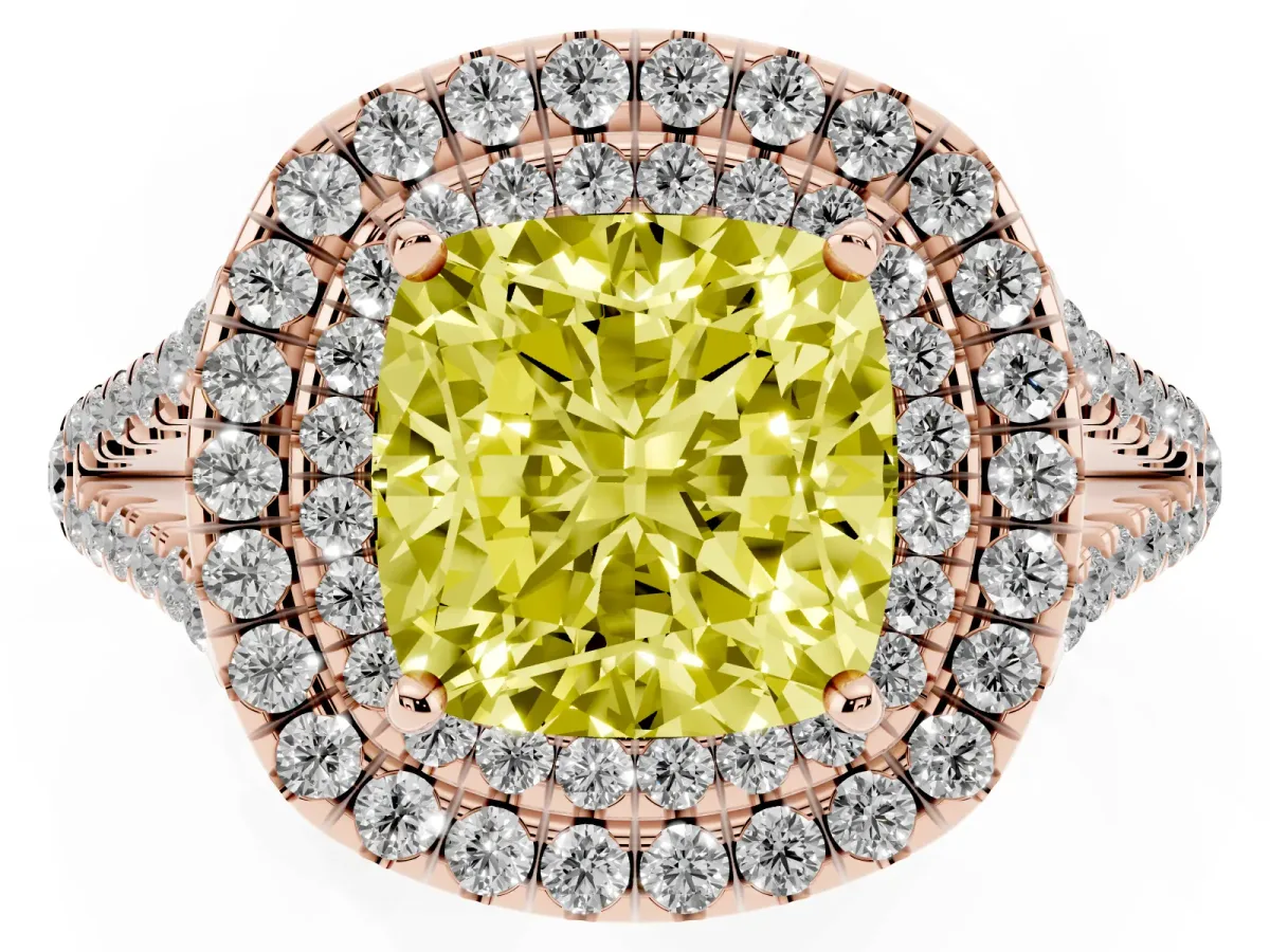 Fancy Yellow Cushion Cut Diamond Double Halo Ring with Pavé Band and Prong Setting Rose gold