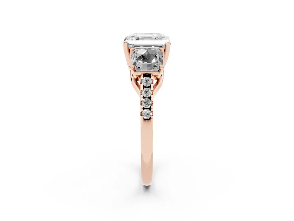 Three-Stone Asscher Cut Diamond Ring with Round Pavé Band and Prong Setting Rose gold
