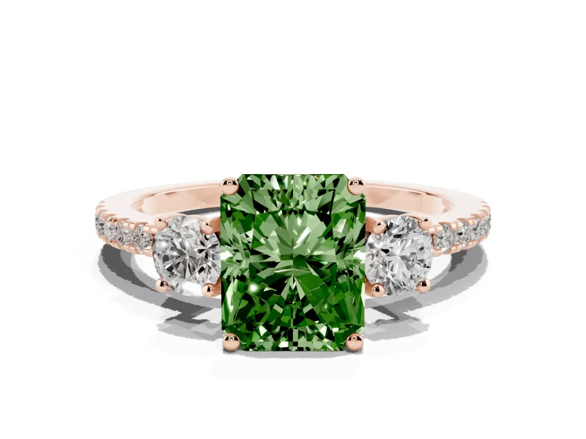 Fancy Green Three-Stone Radiant Cut Cut Diamond Pavé Band with Prong Setting Rose gold