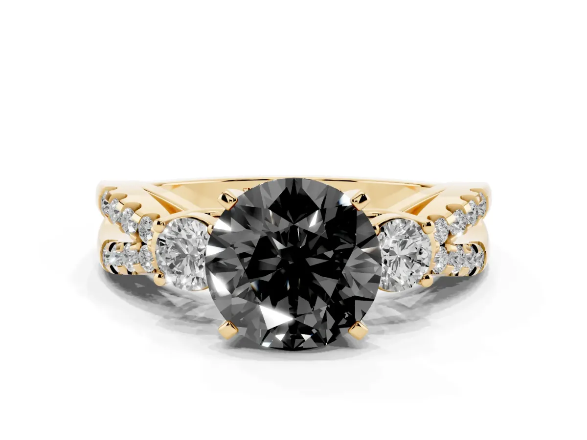 Fancy Black Round Cut Diamond Three-Stone Ring with Pavé Split Shank and Four-Prong Setting Yellow gold