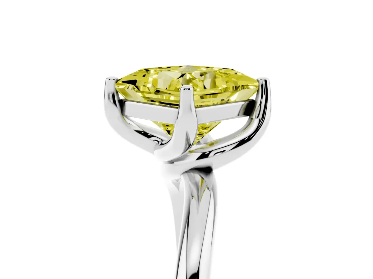 Fancy Yellow Princess Cut Diamond Solitaire Engagement Ring with Four-Prong Setting and Classic Band Platinum