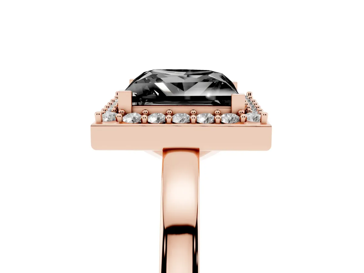 Fancy Black Princess Cut Halo Diamond Ring with Solitaire Band and Prong Setting Rose gold