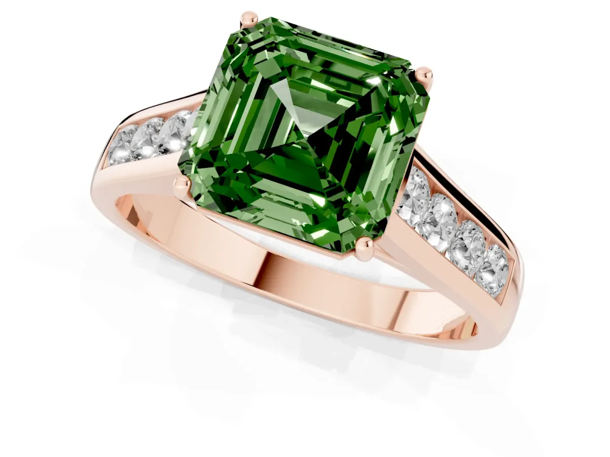 Fancy Green Asscher Cut Brilliant Channel-Set Solitaire Ring with Four-Prong Setting Rose gold
