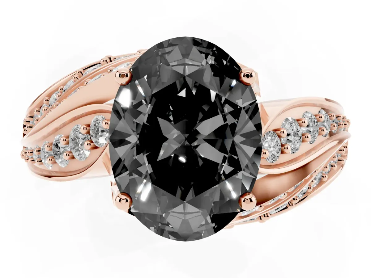 Fancy Black Oval Cut Diamond Solitaire Ring with Prong Setting and Twisted Pavé Band Rose gold