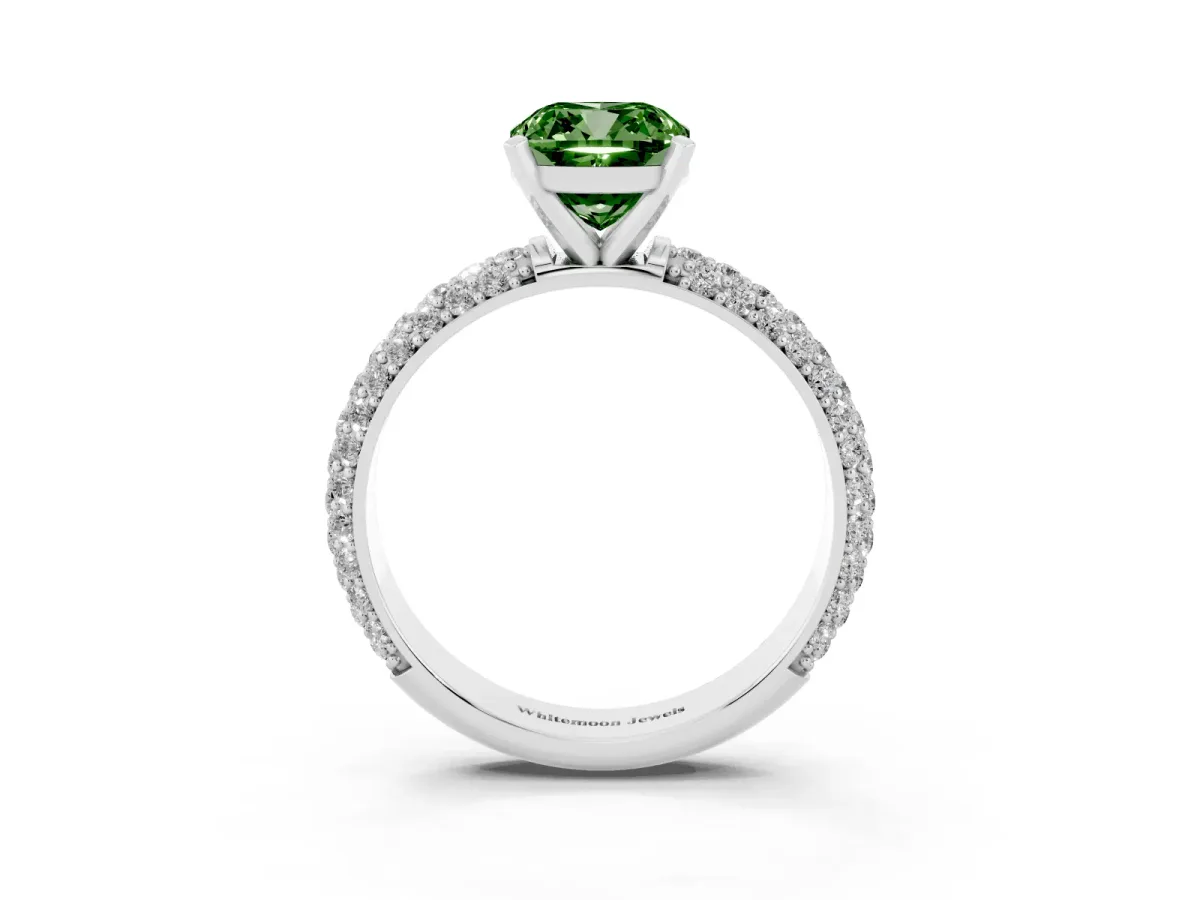 Fancy Green Cushion Cut Diamond Solitaire Ring with Prong Setting and Pavé Band Silver