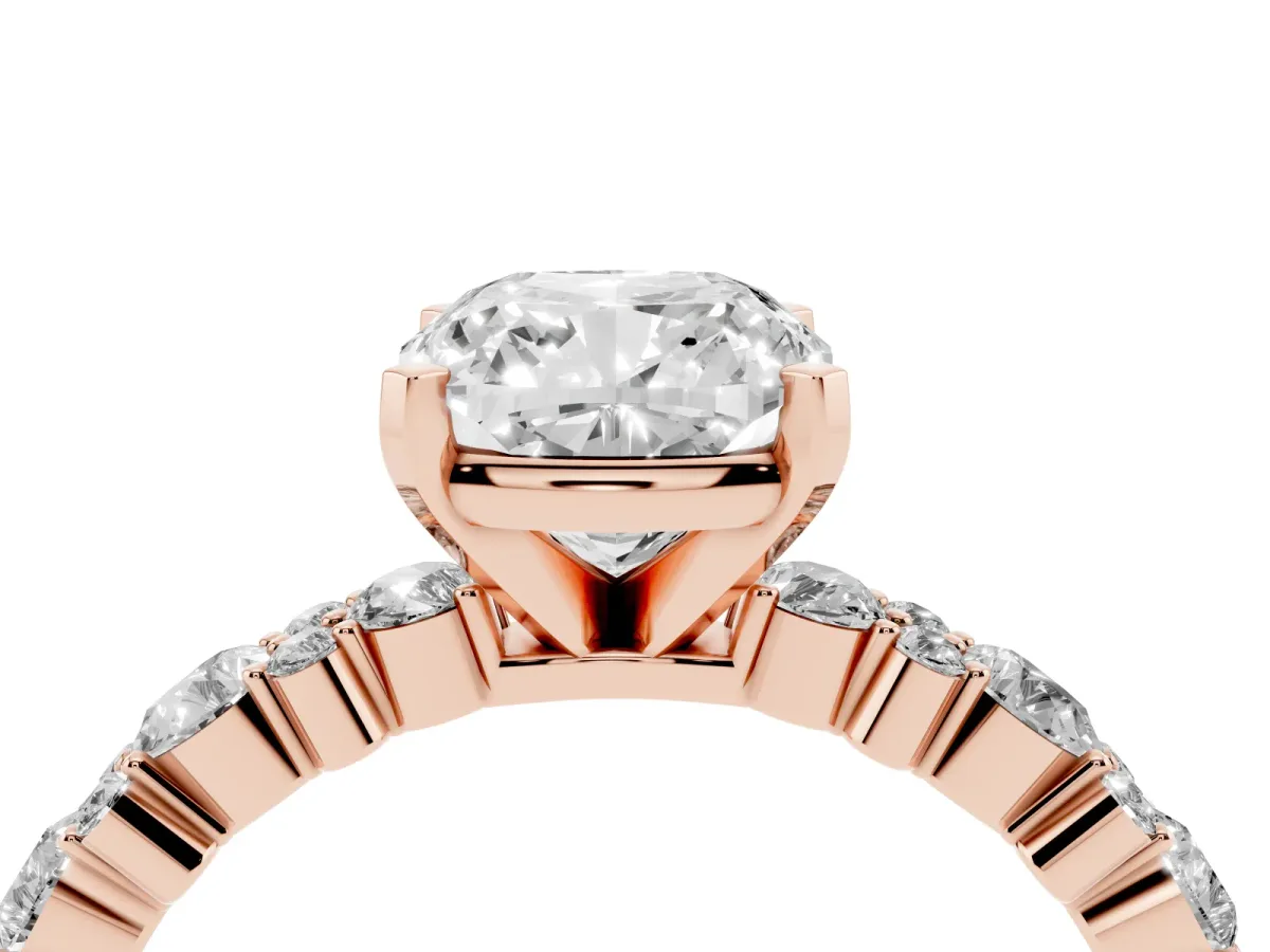 Cushion Cut Diamond Side Stone Solitaire Ring with Round and Four-Prong Setting Rose gold
