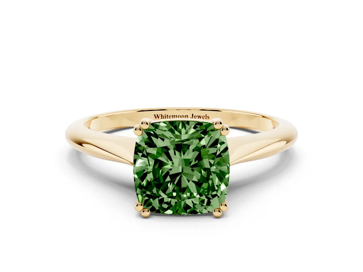 Fancy Green Cushion Cut Solitaire Diamond Ring with Six-Prong Setting and Classic Band Yellow gold