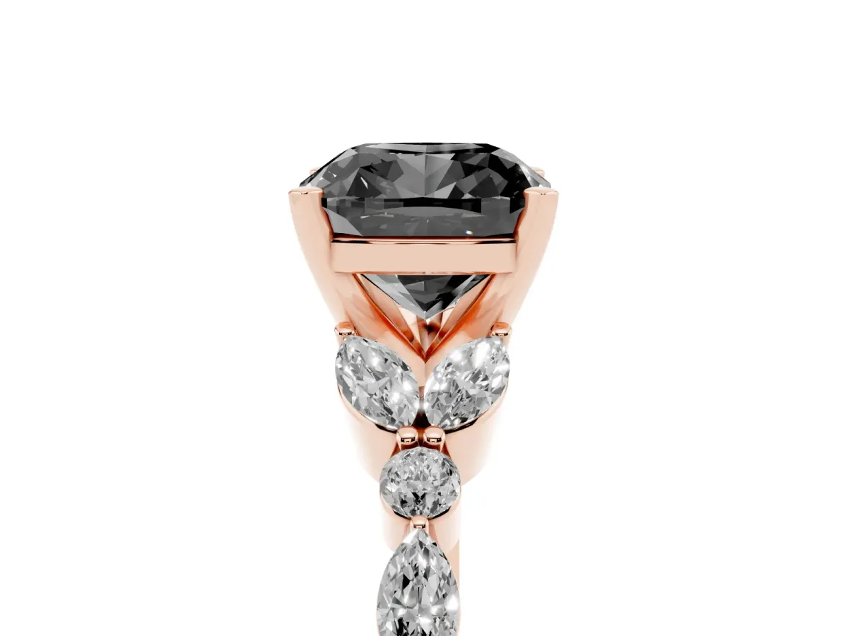 Fancy Black Cushion Cut Diamond Solitaire Ring with Side Stones and Four-Prong Setting Rose gold