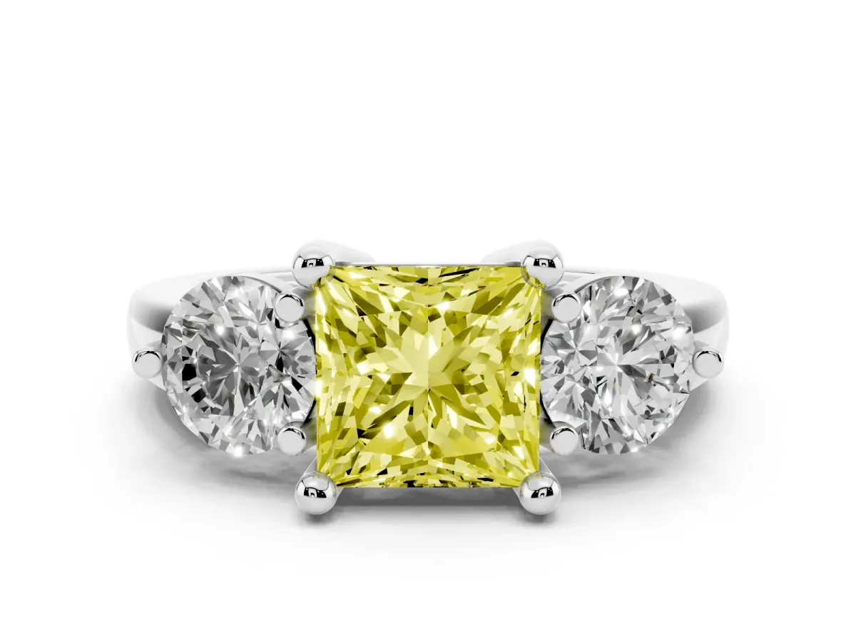 Fancy Yellow Three-Stone Princess Cut Brilliant Cut Solitaire Ring with Prong Setting on a Classic Band Silver