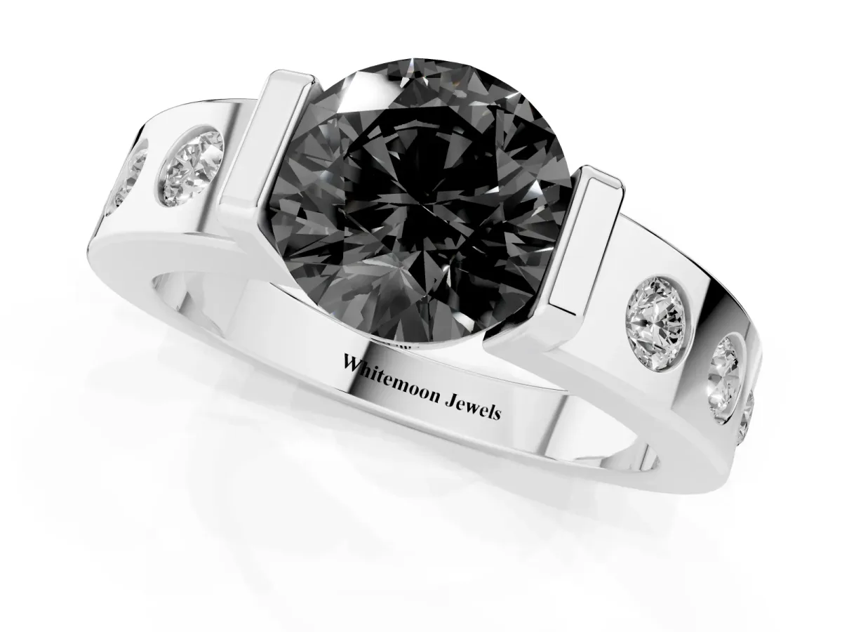 Fancy Black Round Cut Brilliant Channel-Set Diamond Ring with Bezel Prong Setting Platinum