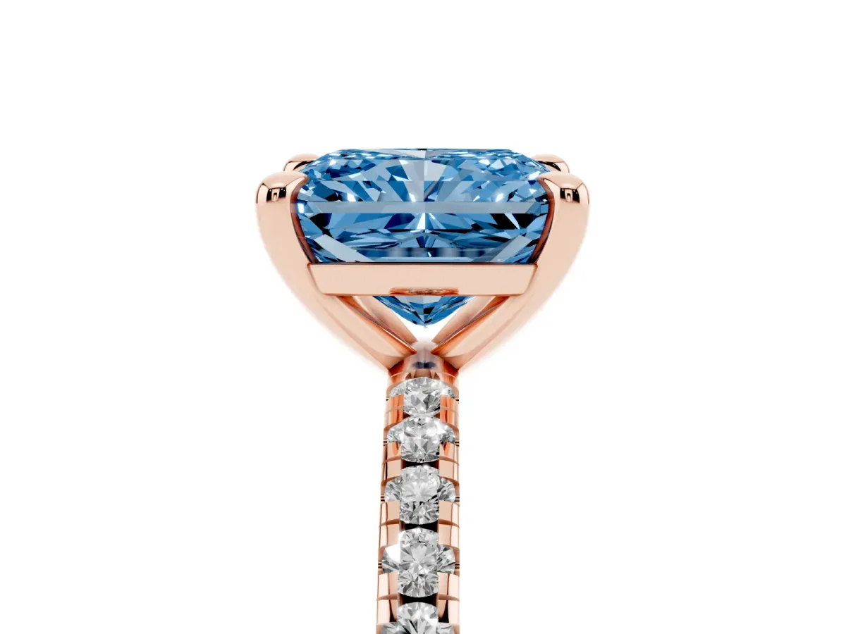 Fancy Blue Radiant Cut Diamond Brilliant Solitaire Ring with Pavé Band and Four-Prong Setting Rose gold