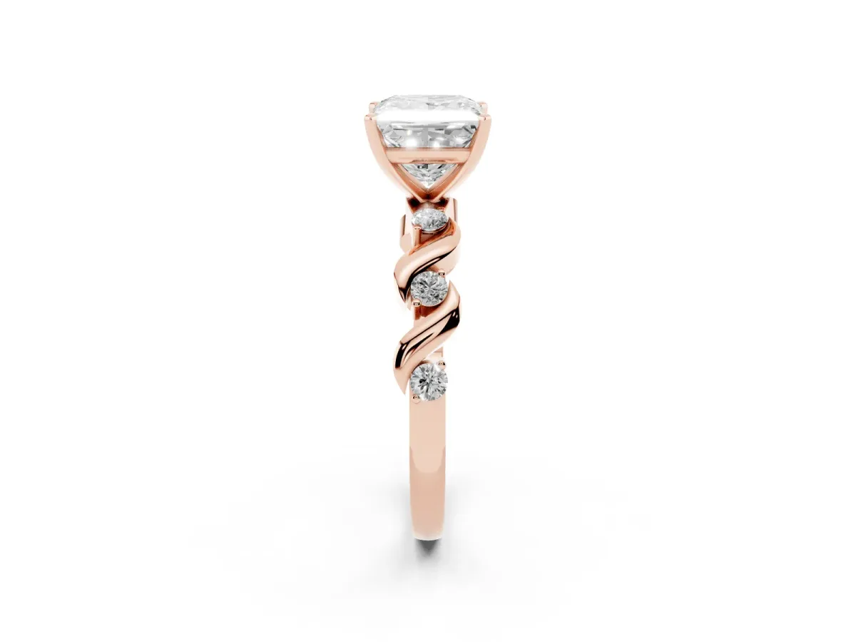 Princess Cut Diamond Solitaire Twisted Band with Round Accents and Prong Setting Rose gold
