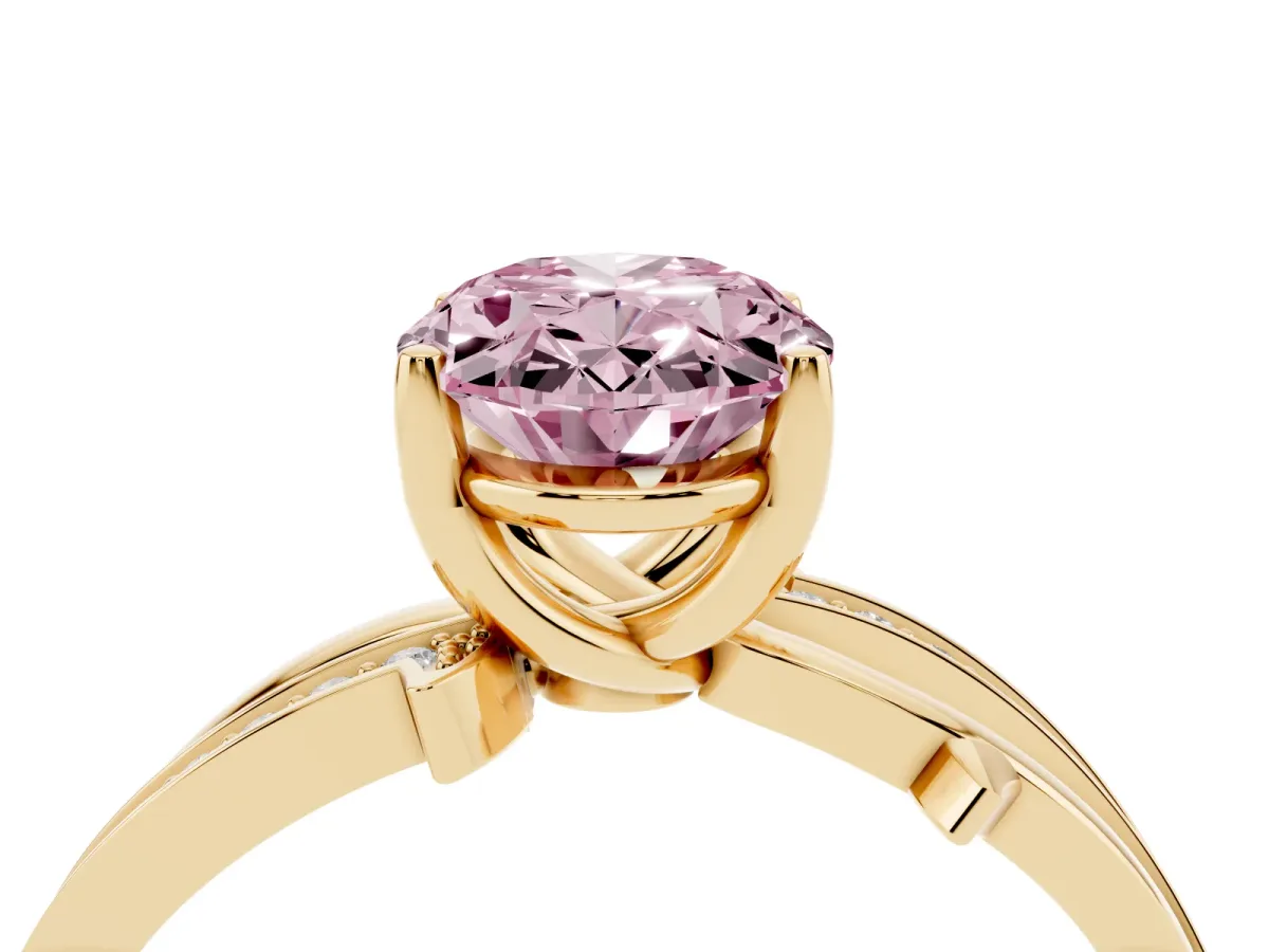 Fancy Pink Oval Cut Solitaire Twist Band with Pavé Accents and Four-Prong Setting Yellow gold