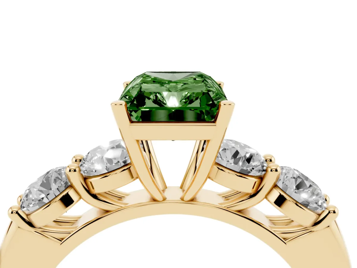 Fancy Green Radiant Cut Cut Five-Stone Prong Set Diamond Ring with Classic Band Yellow gold