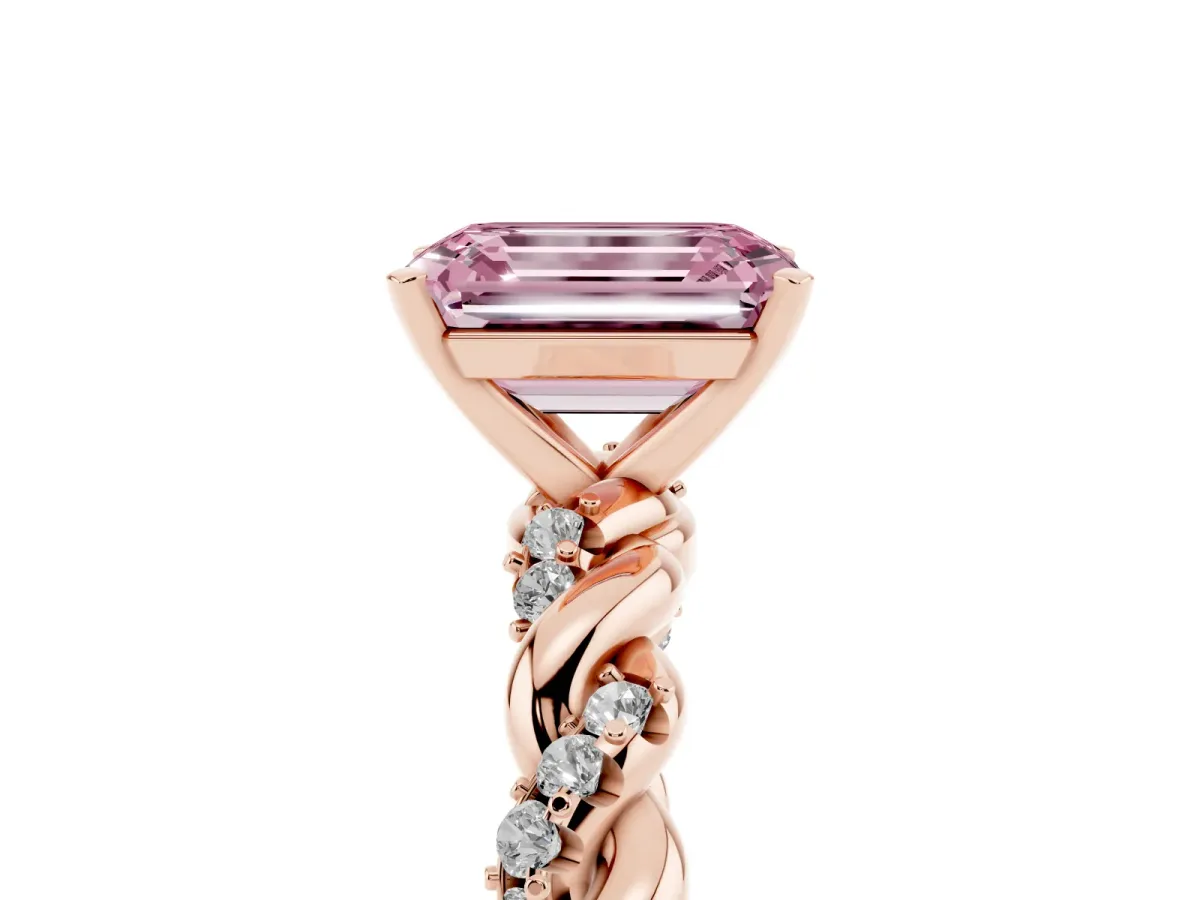 Fancy Pink Emerald Cut Diamond Solitaire Ring with Twisted Band and Pavé Accents Rose gold