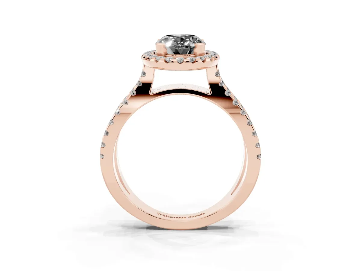 Fancy Black Oval Cut Diamond Halo Ring with Split Shank Pavé Band and Prong Setting Rose gold