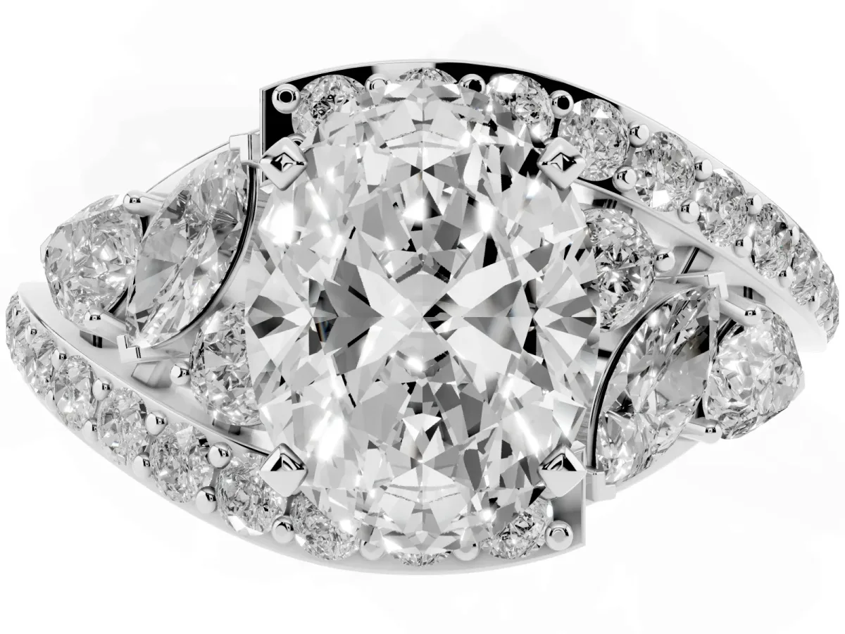 Oval Cut Diamond Halo Ring with Marquise and Pavé Band in Prong Setting Platinum