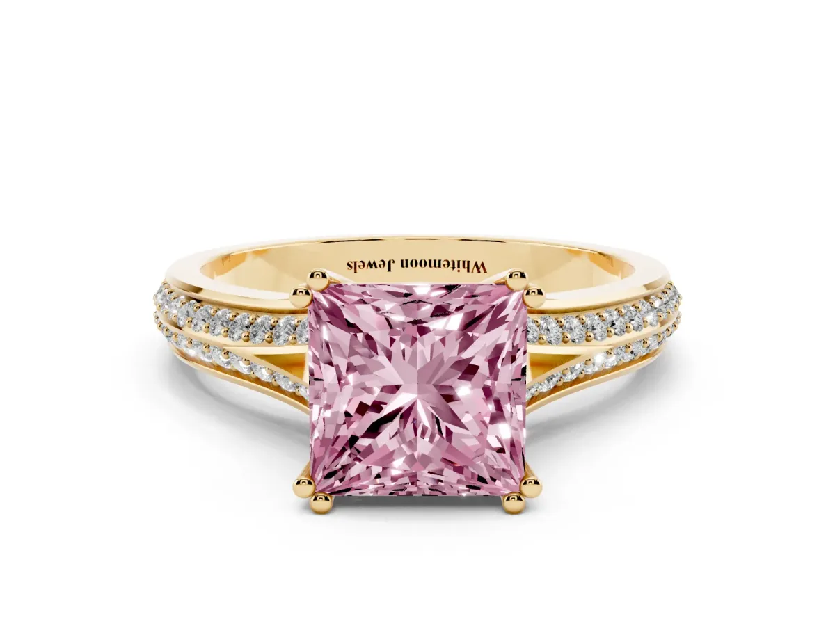 Fancy Pink Princess Cut Diamond Split Shank Engagement Ring with Pavé Band Yellow gold