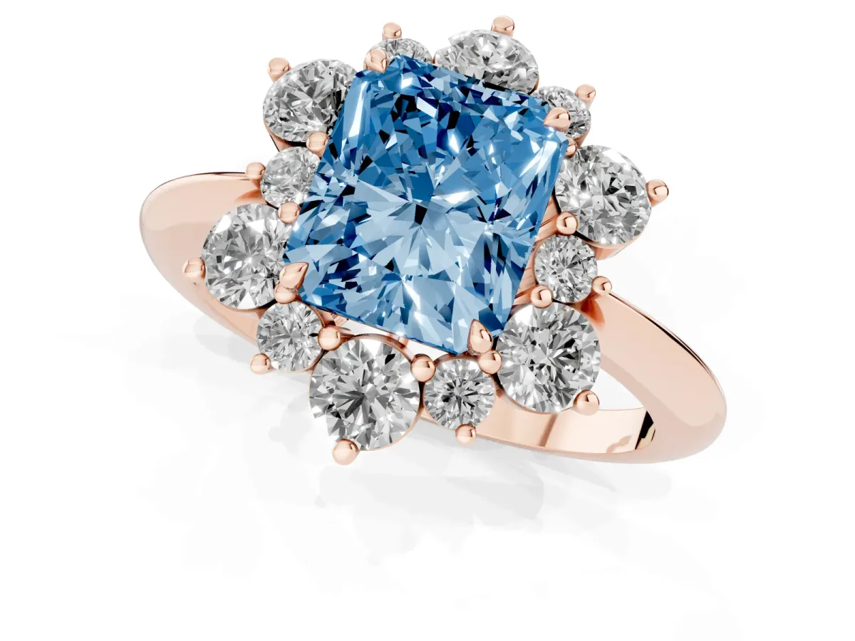 Fancy Blue Radiant Cut Diamond Cluster Halo Ring with Solitaire Band and Four-Prong Setting Rose gold