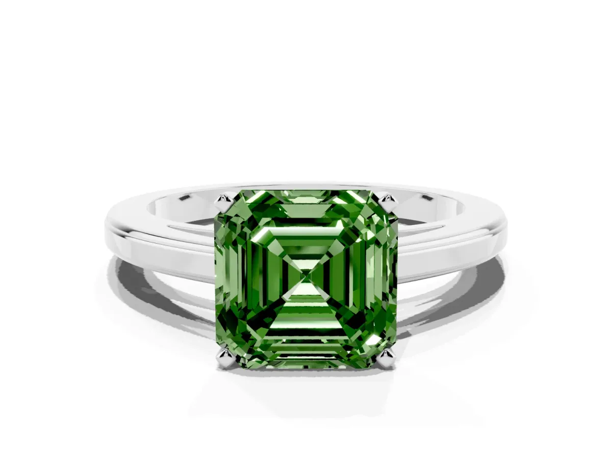 Fancy Green Asscher Cut Solitaire Diamond Ring with Four-Prong Setting and Classic Band Platinum