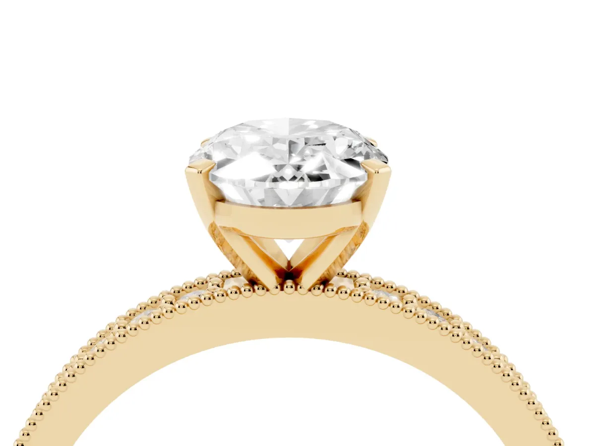Oval Cut Diamond Milgrain Pavé Engagement Ring with Four-Prong Setting Yellow gold