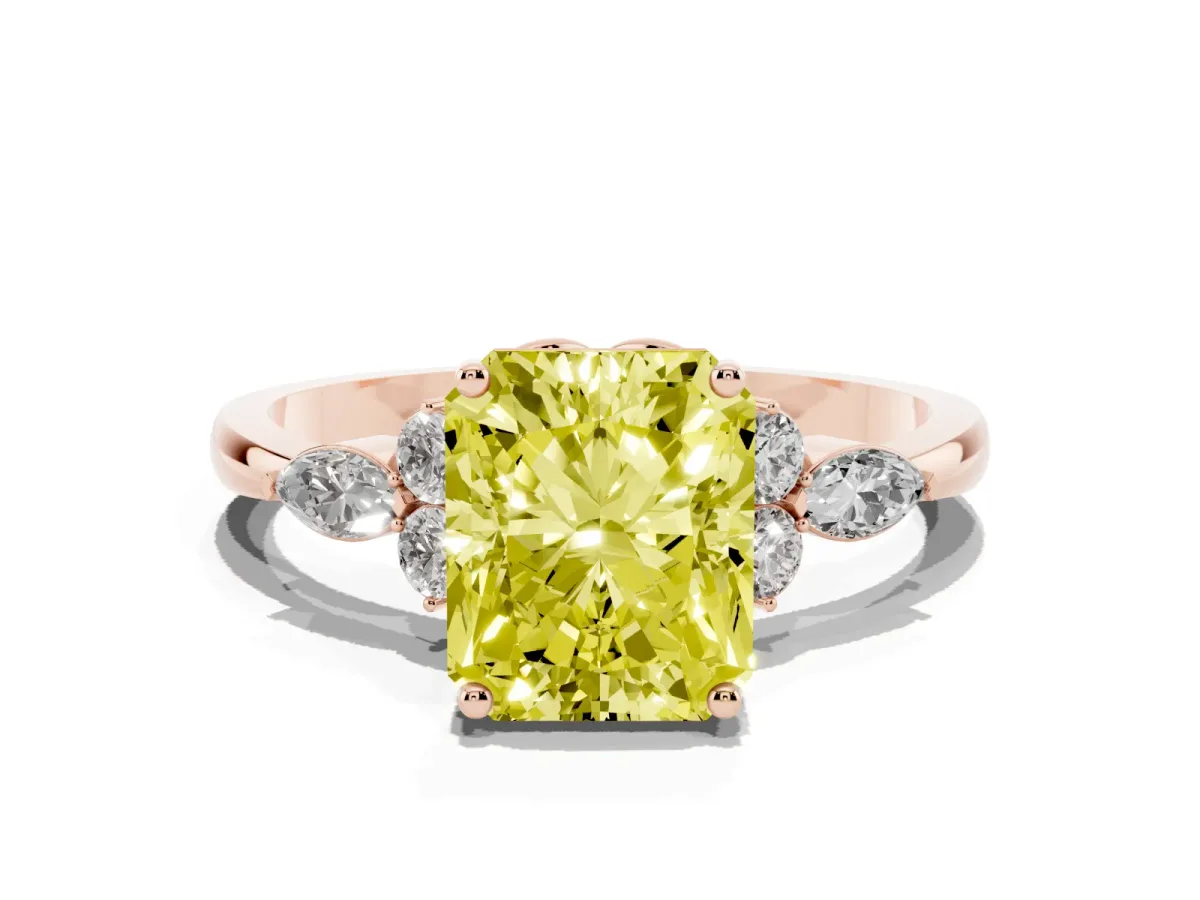 Fancy Yellow Radiant Cut Brilliant Diamond Solitaire Ring with Pear Side Stones and Four-Prong Setting Rose gold