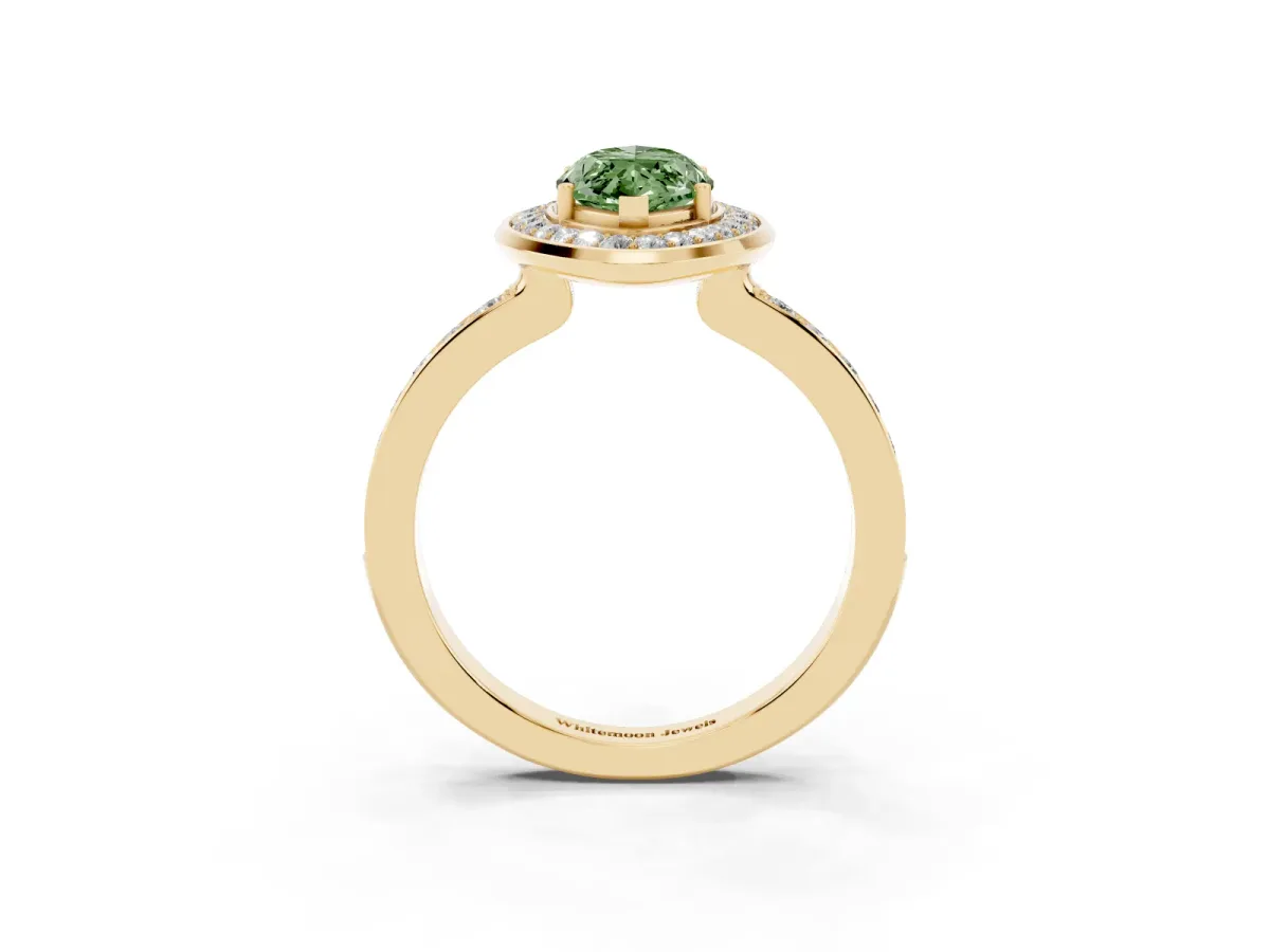 Fancy Green Marquise Cut Diamond Halo Ring with Bezel Frame and Pavé Band Yellow gold