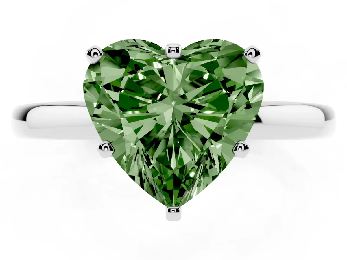 Fancy Green Heart Cut Solitaire Diamond Ring with Six-Prong Setting on a Classic Band Silver