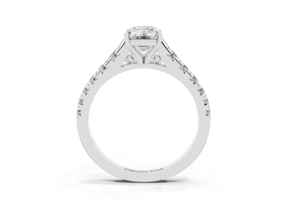 Emerald Cut Diamond Cathedral Solitaire Ring with Round Pavé Band Silver