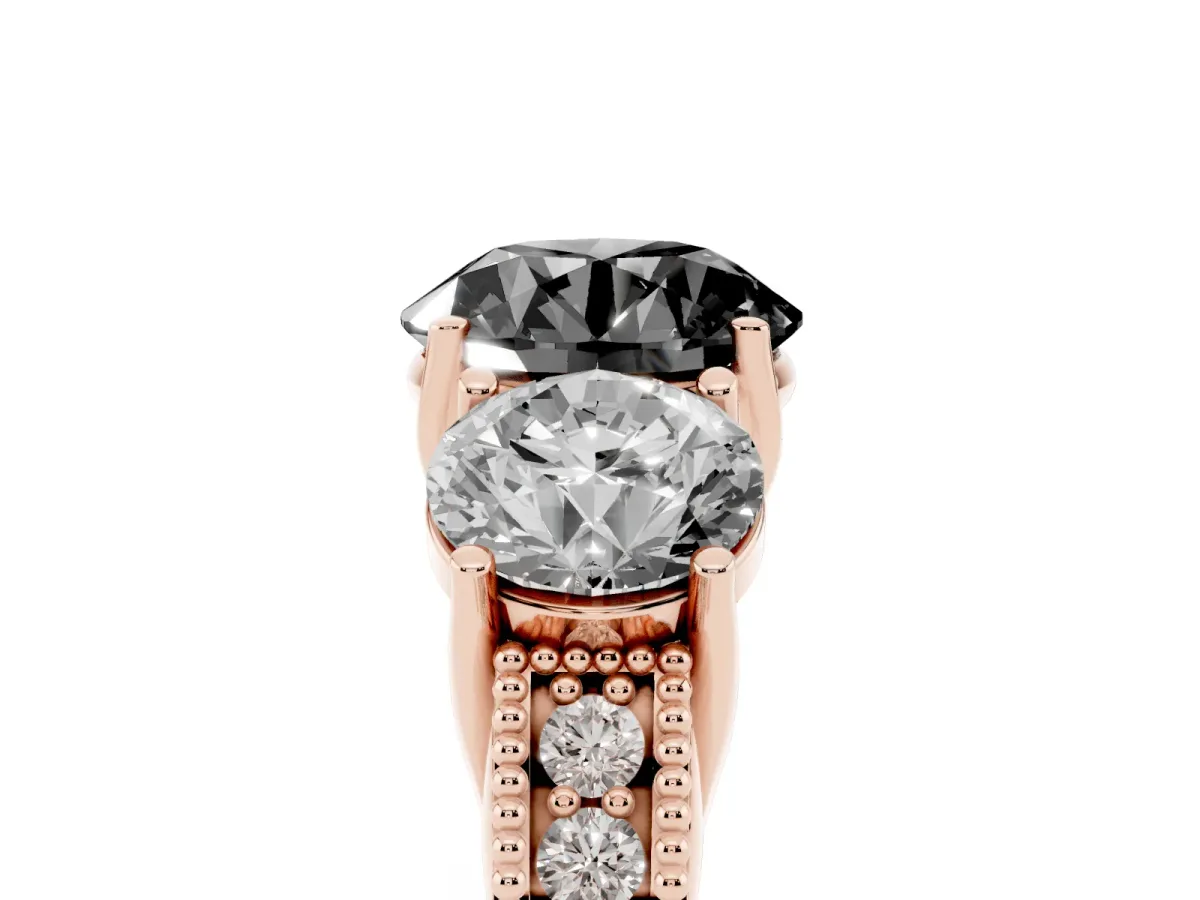 Fancy Black Three-Stone Round Cut Cut Milgrain Pavé Engagement Ring Rose gold