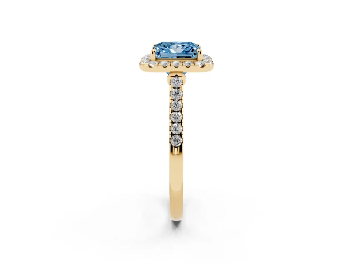 Fancy Blue Princess Cut Halo Pave Diamond Engagement Ring with Four-Prong Setting Yellow gold