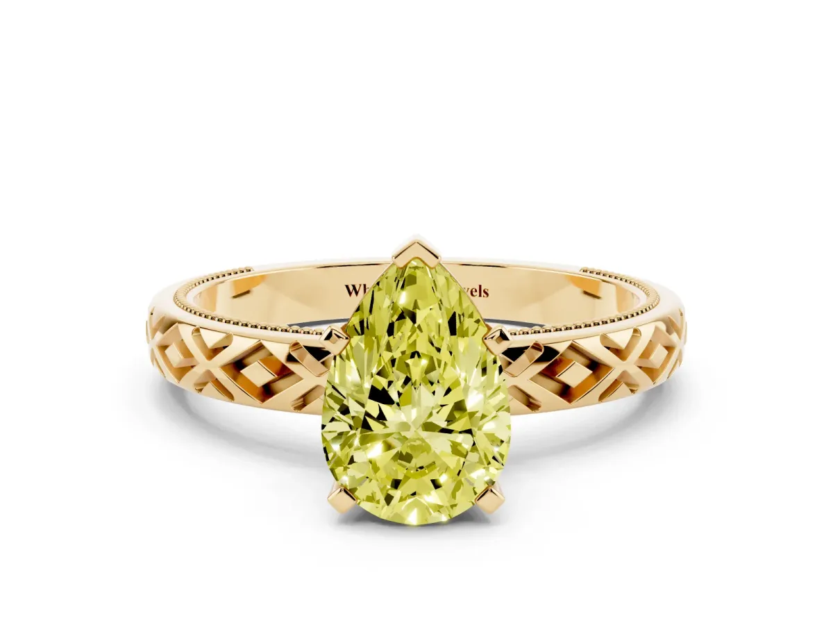 Fancy Yellow Pear Cut Solitaire Diamond Ring with Milgrain and Black Enamel X Pattern Band Yellow gold