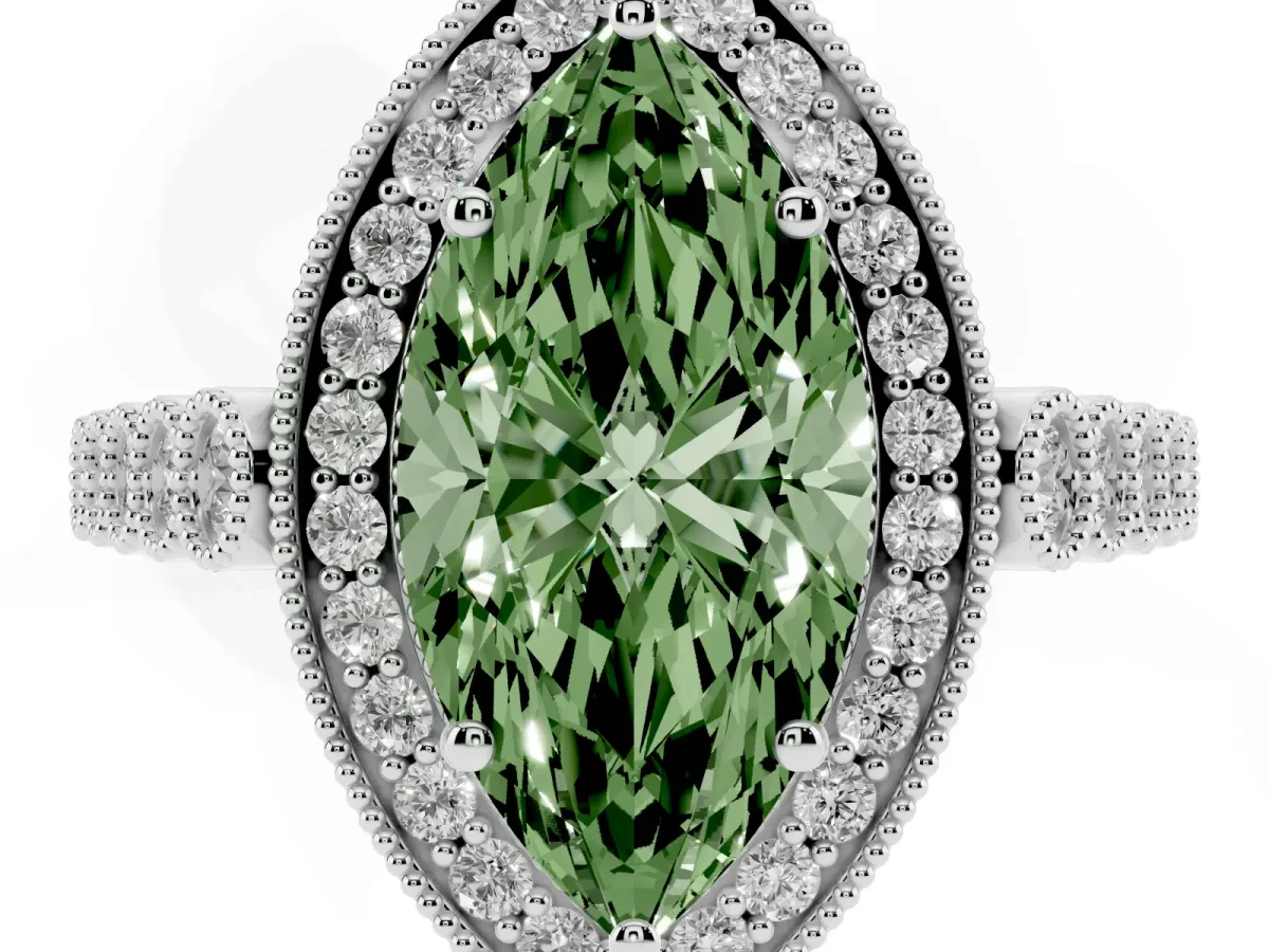 Fancy Green Marquise Cut Halo Milgrain Solitaire with Bezel Set Side Stones and Pave Band Platinum