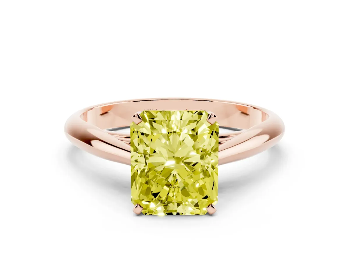 Fancy Yellow Radiant Cut Diamond Solitaire Engagement Ring with Cathedral Setting and Four-Prong Mount Rose gold