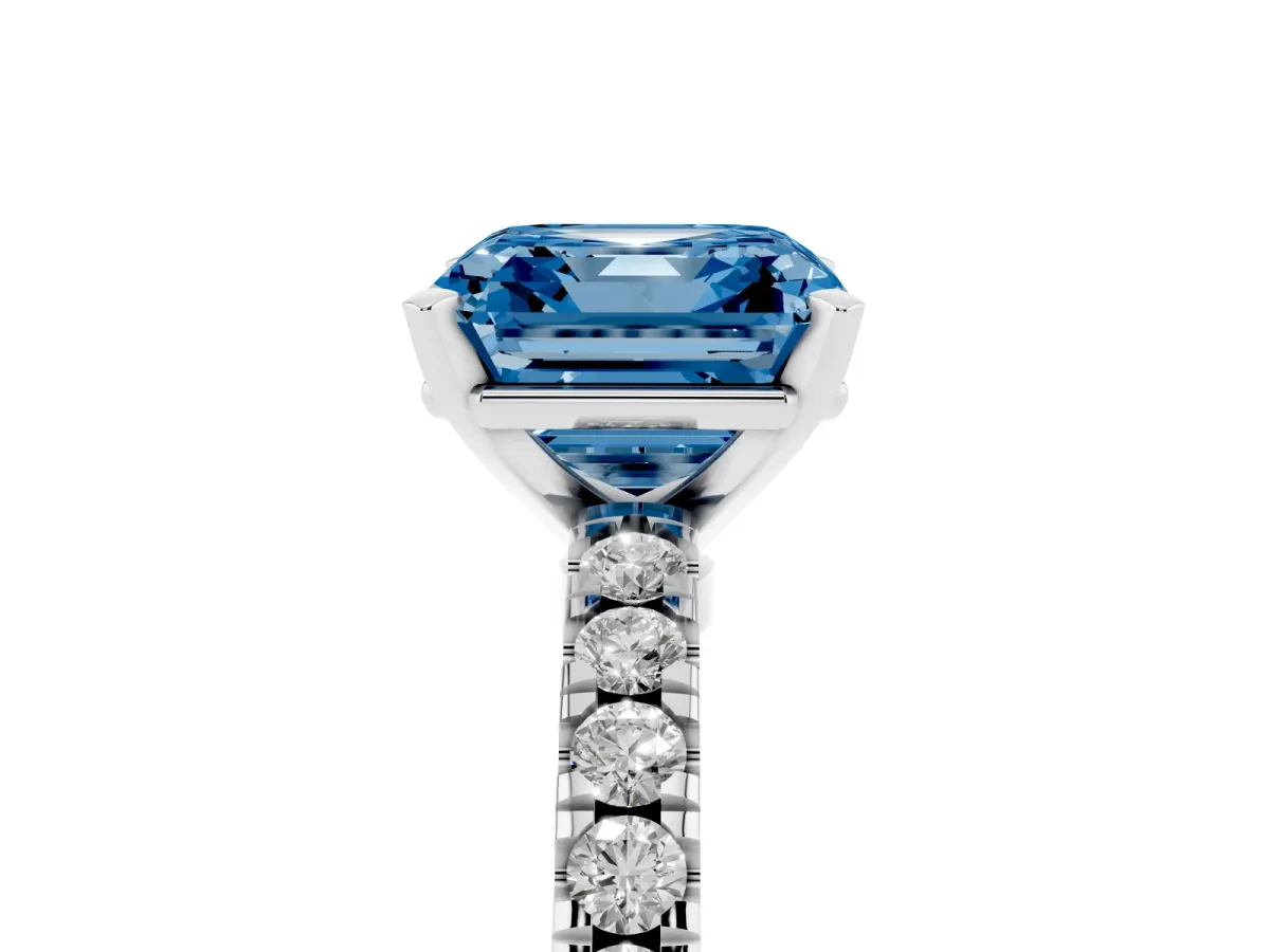 Fancy Blue Asscher Cut Solitaire Diamond with Pavé Band and Four-Prong Setting Silver