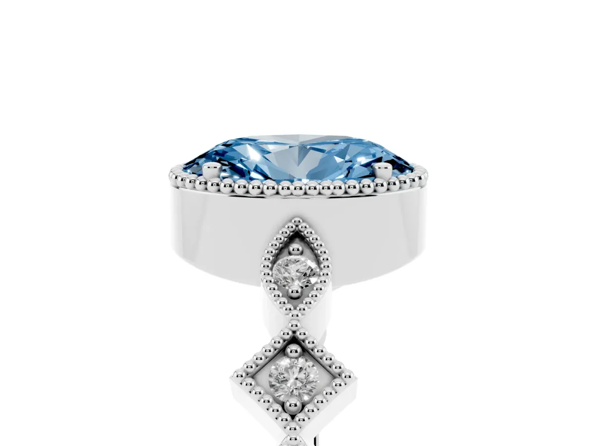 Fancy Blue Oval Cut Milgrain Marquise Diamond Twist Band Ring Silver