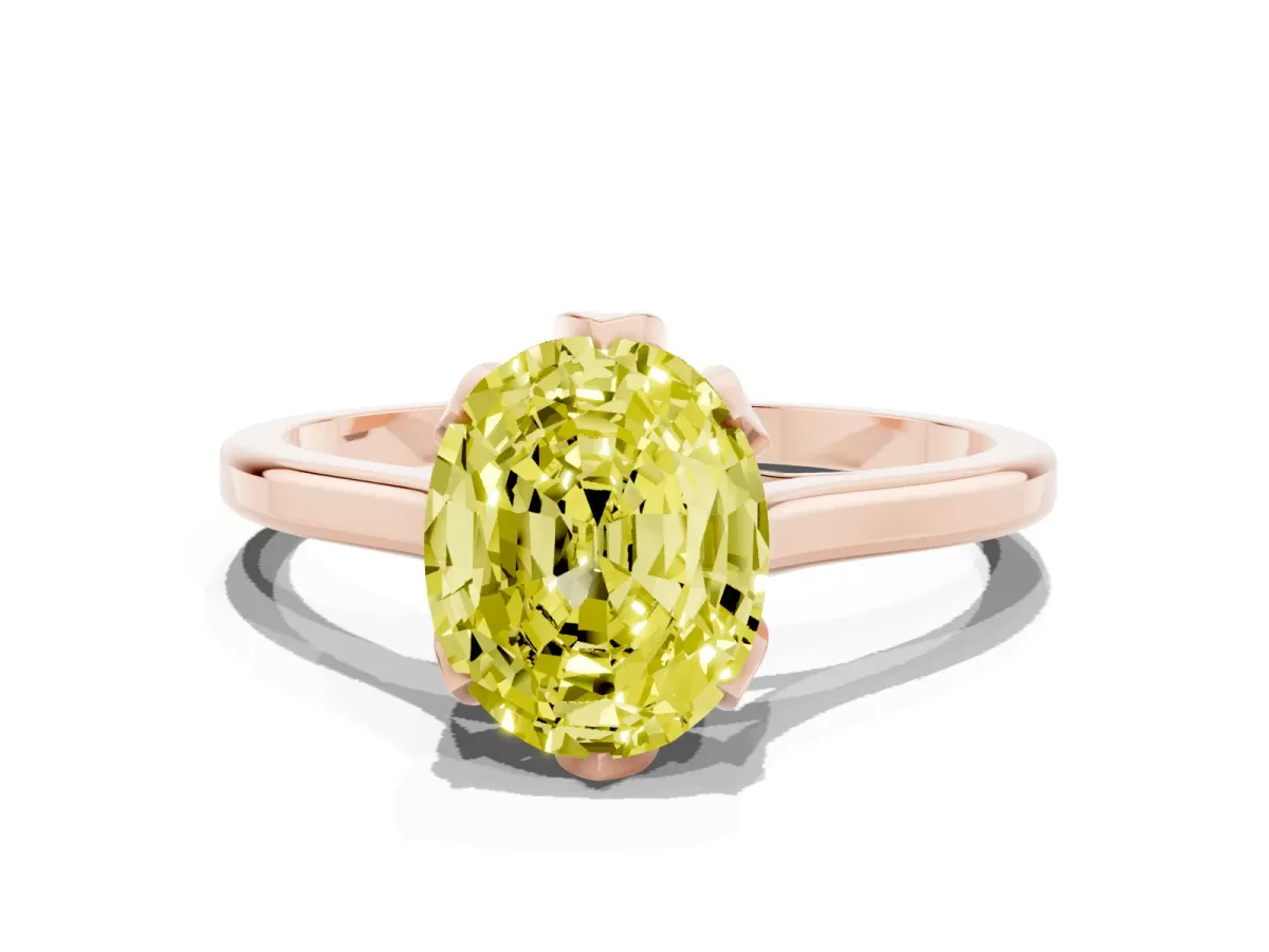 Fancy Yellow Oval Cut Diamond Solitaire Ring with Flower Prong Setting and Classic Band Rose gold