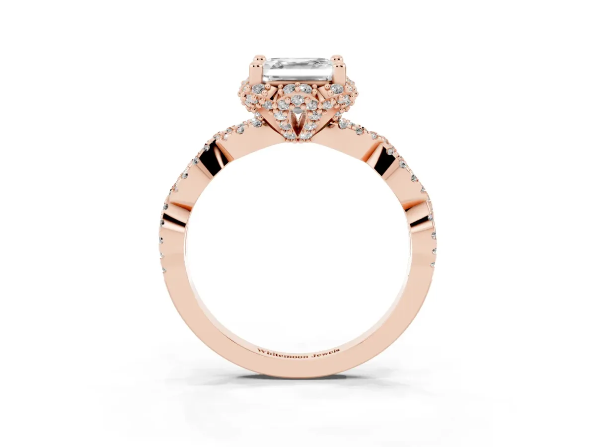 Asscher Cut Halo Twist Band Solitaire Ring with Six-Prong Setting Rose gold