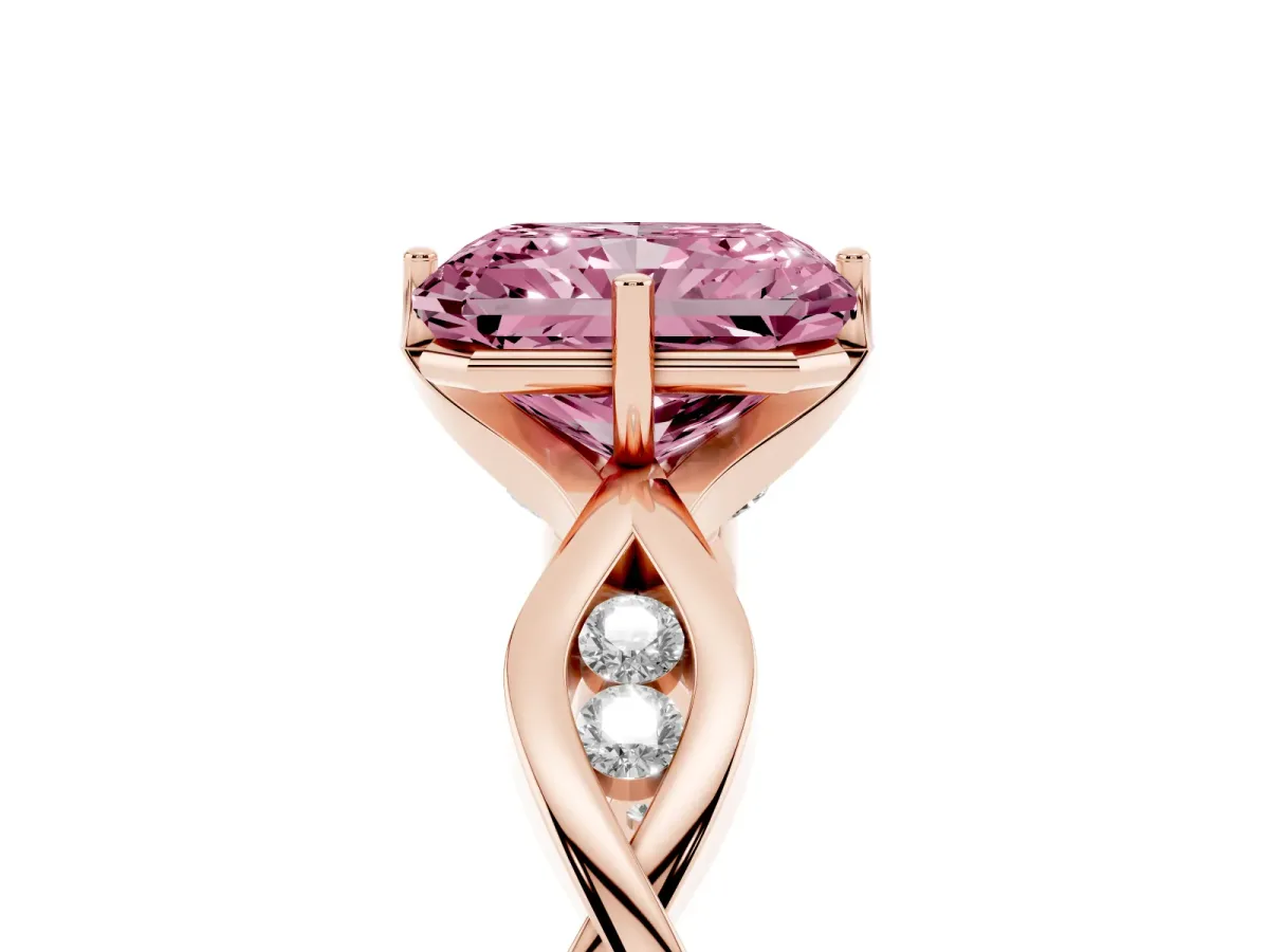Fancy Pink Radiant Cut Solitaire Twist Band with Leaf Prong Setting Rose gold