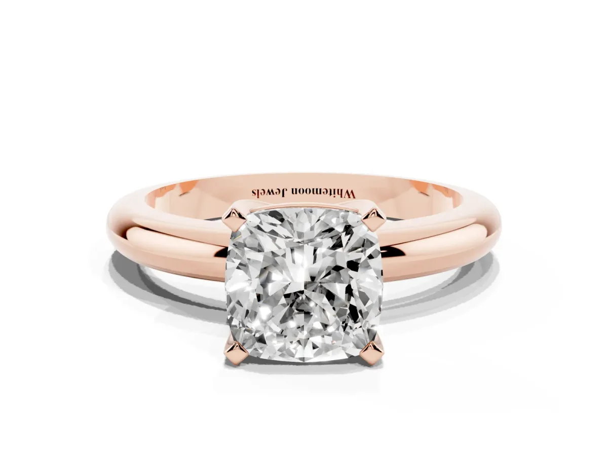 Cushion Cut Diamond Solitaire Engagement Ring with Round Band and Four-Prong Setting Rose gold