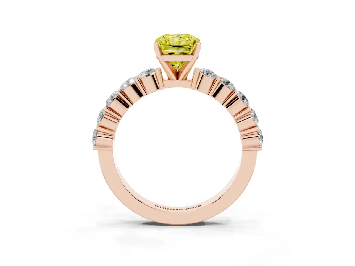 Fancy Yellow Radiant Cut Diamond Solitaire Ring with Shared Prong Round Side Stones Rose gold