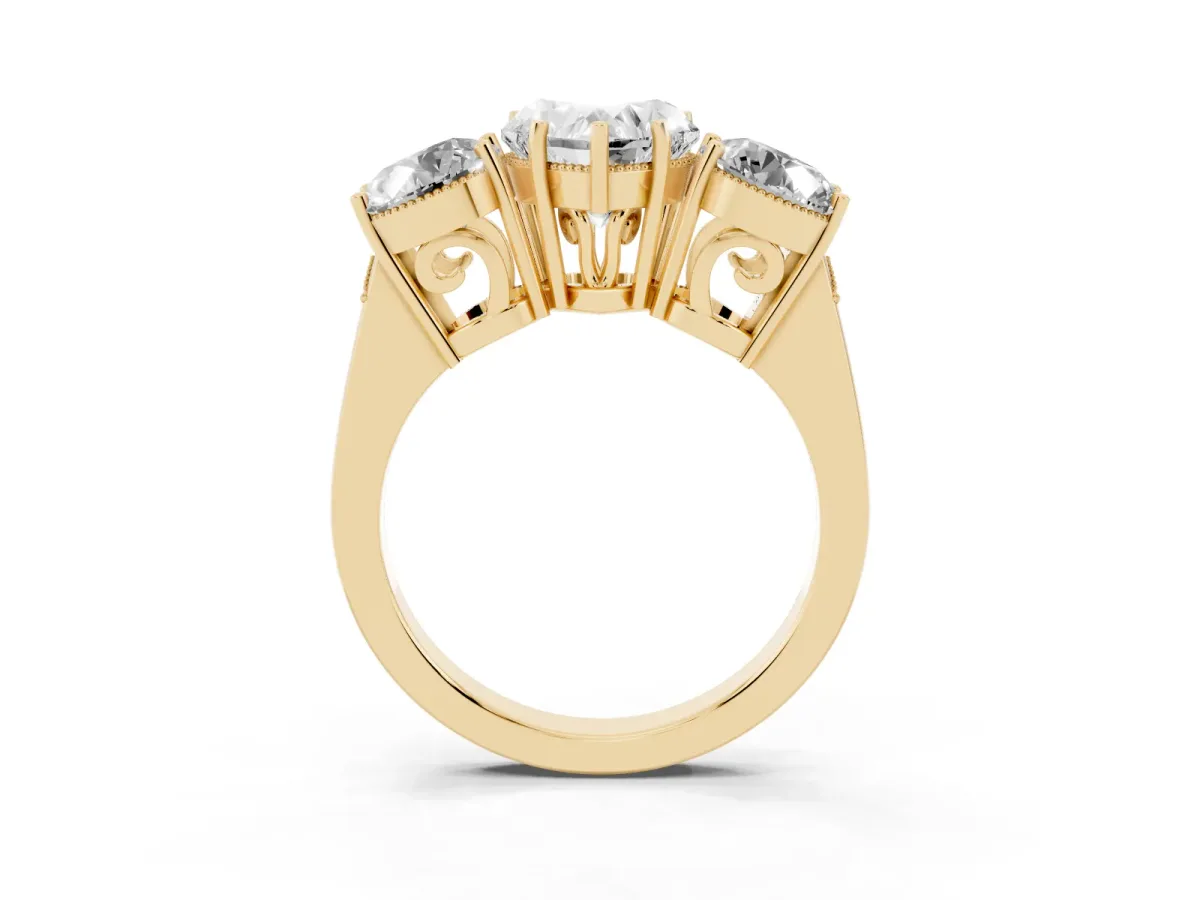 Three-Stone Heart Cut Diamond Engagement Ring with Prong Setting on a Classic Band Yellow gold