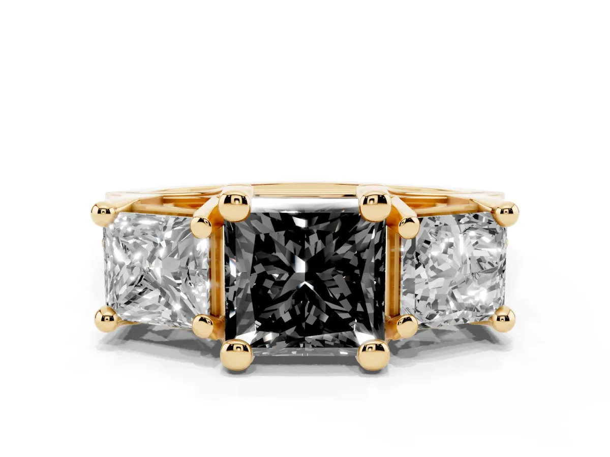 Fancy Black Princess Cut Diamond Three-Stone Ring with Channel Set Band and Four-Prong Setting Yellow gold