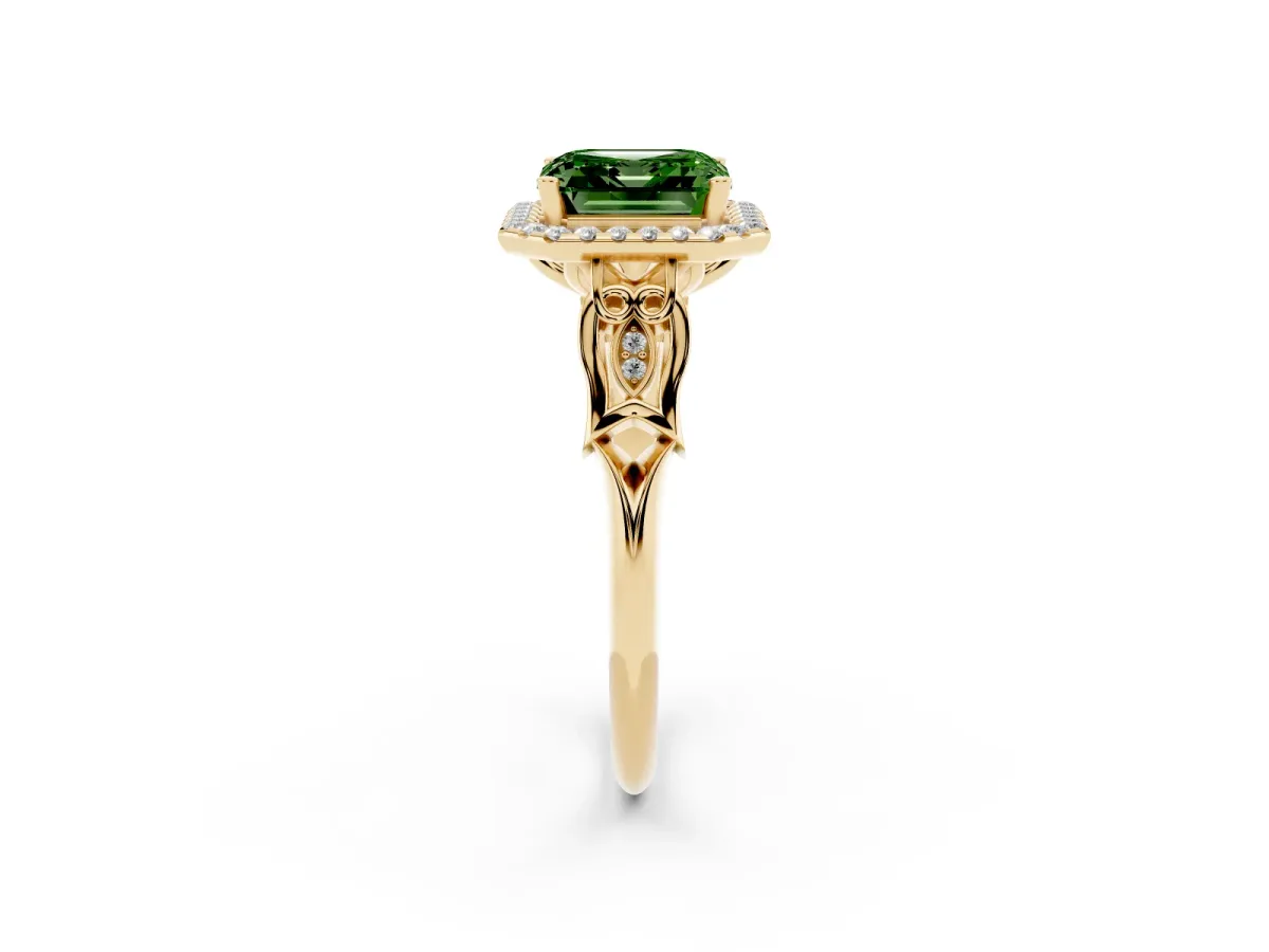 Fancy Green Asscher Cut Halo Diamond Engagement Ring with Filigree Band and Four-Prong Setting Yellow gold