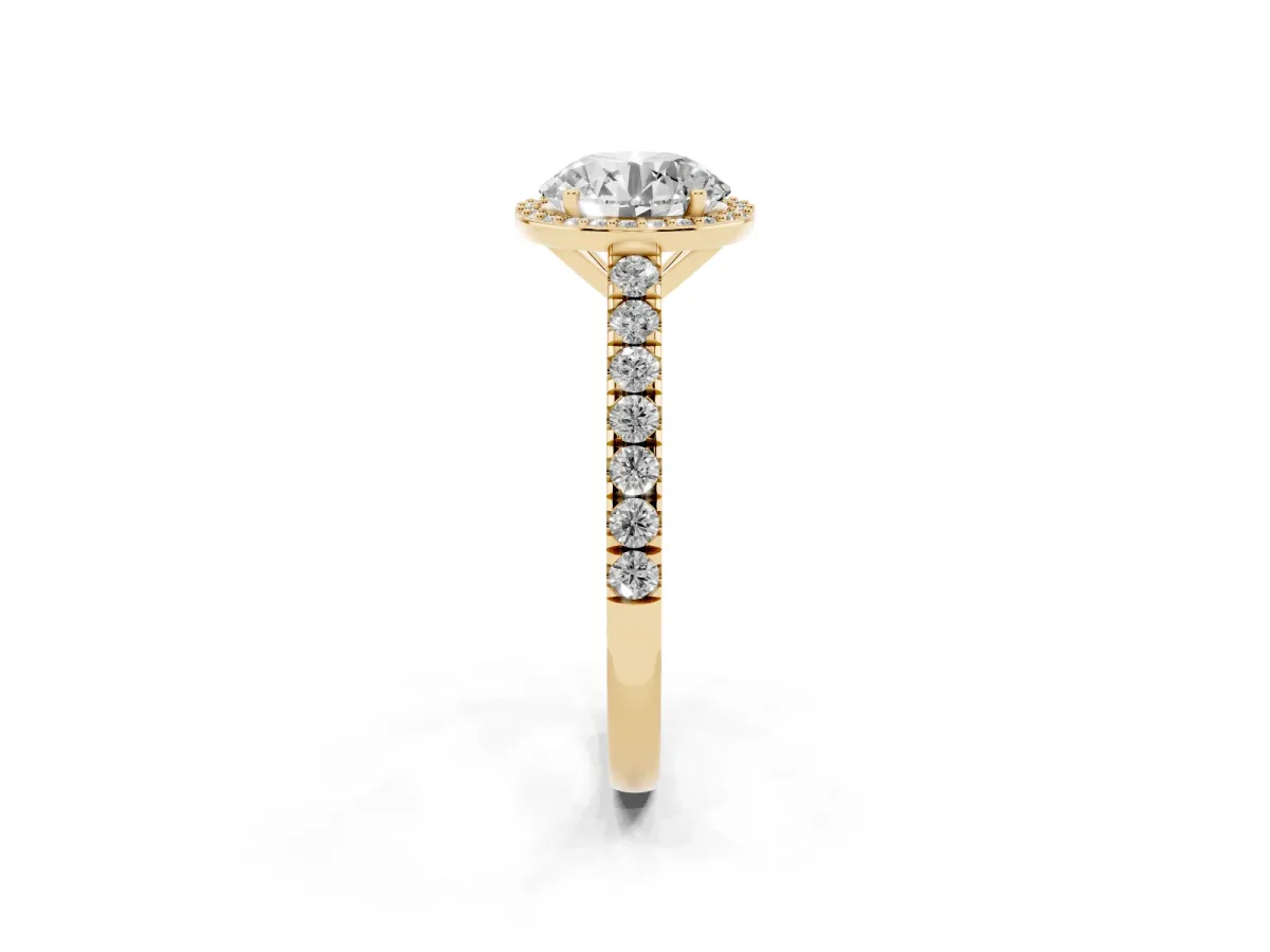 Round Cut Cut Halo Diamond Engagement Ring with Pave Band and Four-Prong Setting Yellow gold