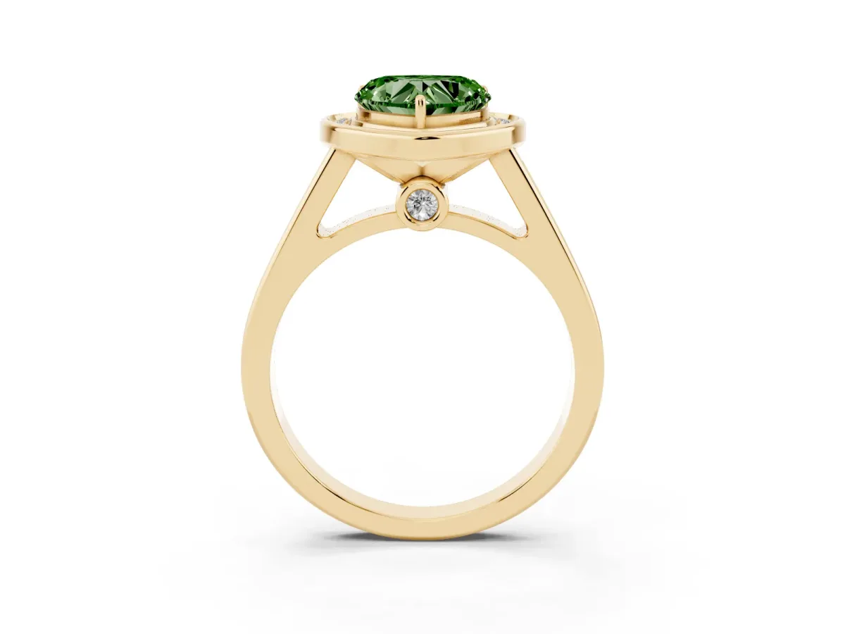 Fancy Green Heart Cut Halo Solitaire Diamond Ring with Pave Band and Bezel Setting Yellow gold