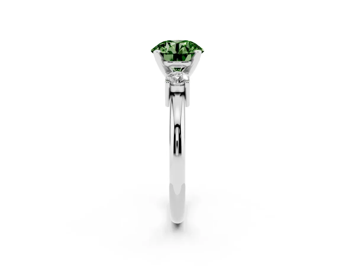 Fancy Green Three-Stone Round Cut Cut Diamond Solitaire with Prong Setting and Classic Band Silver