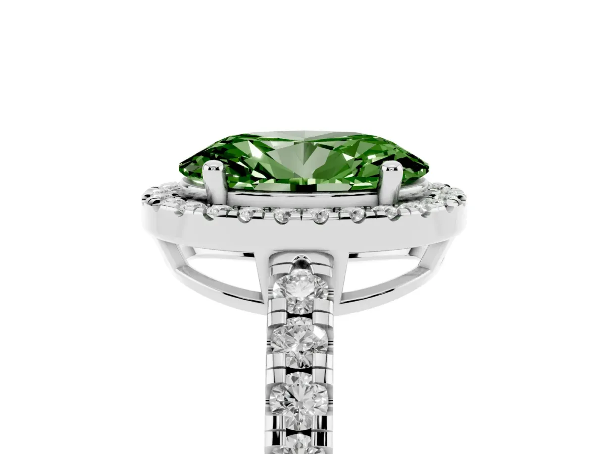 Fancy Green Oval Cut Diamond Halo Ring with Pavé Band and Four-Prong Setting Platinum