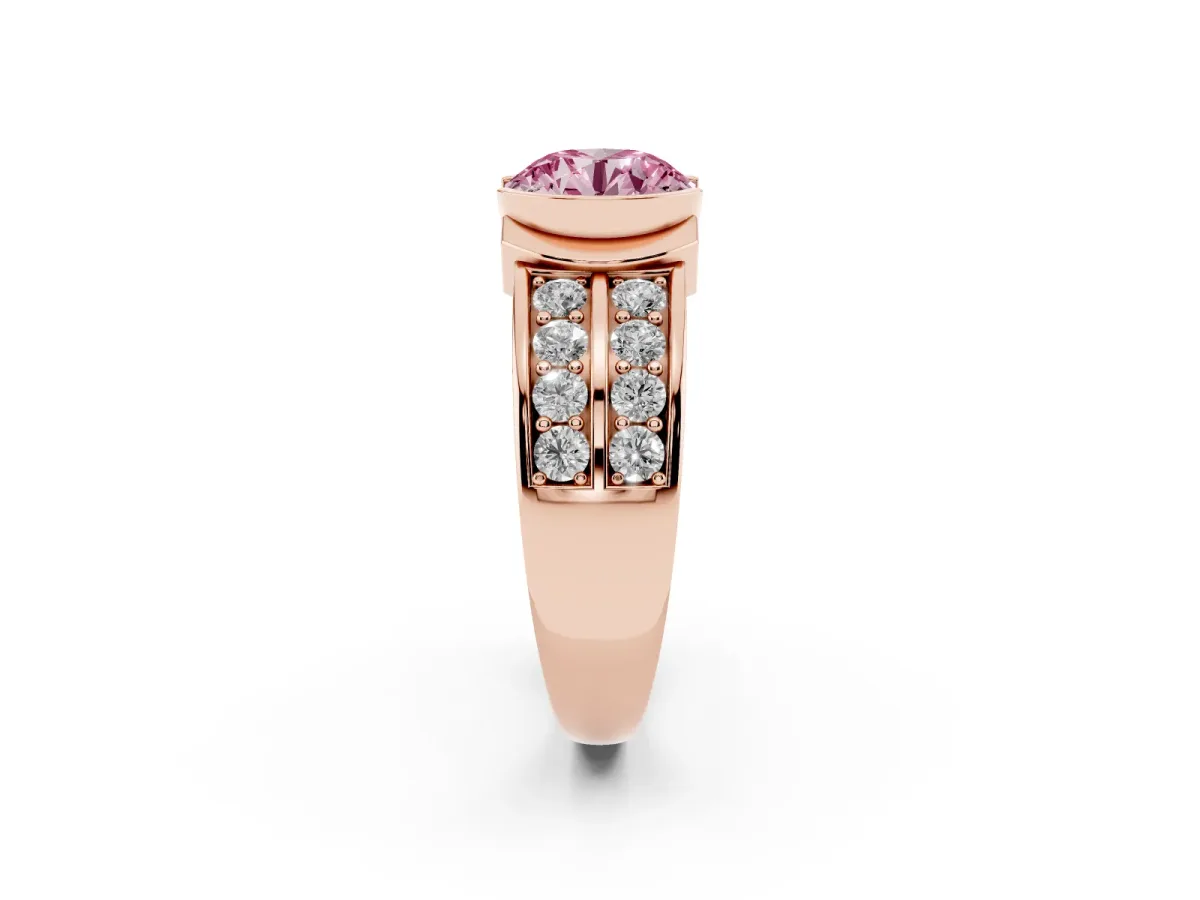Fancy Pink Round Cut Brilliant Diamond Channel Set Wide Band Ring with Bezel Setting Rose gold