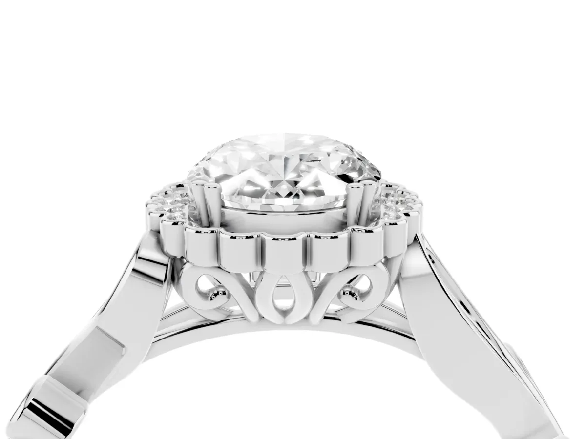 Oval Cut Diamond Halo Ring with Vintage Split Shank and Four-Prong Setting Silver